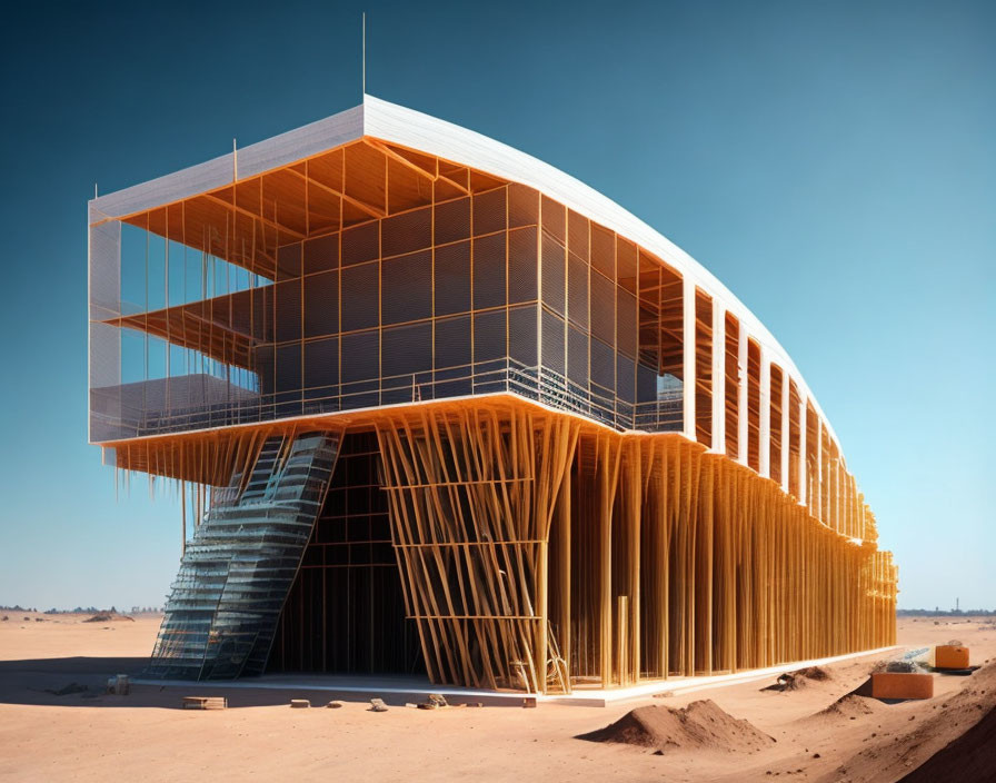 Contemporary building with unique wooden facade and external staircase under clear desert sky