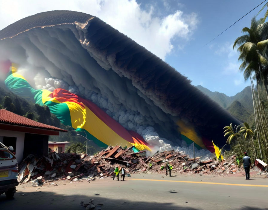 Enormous dust wave engulfing road and buildings with people and vehicle.