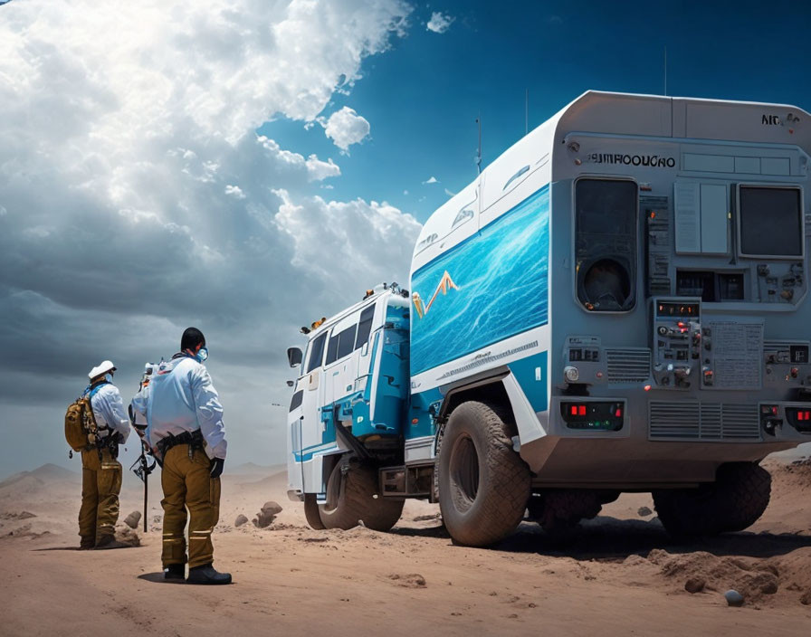 Outdoor gear individuals with scientific equipment near large desert vehicle