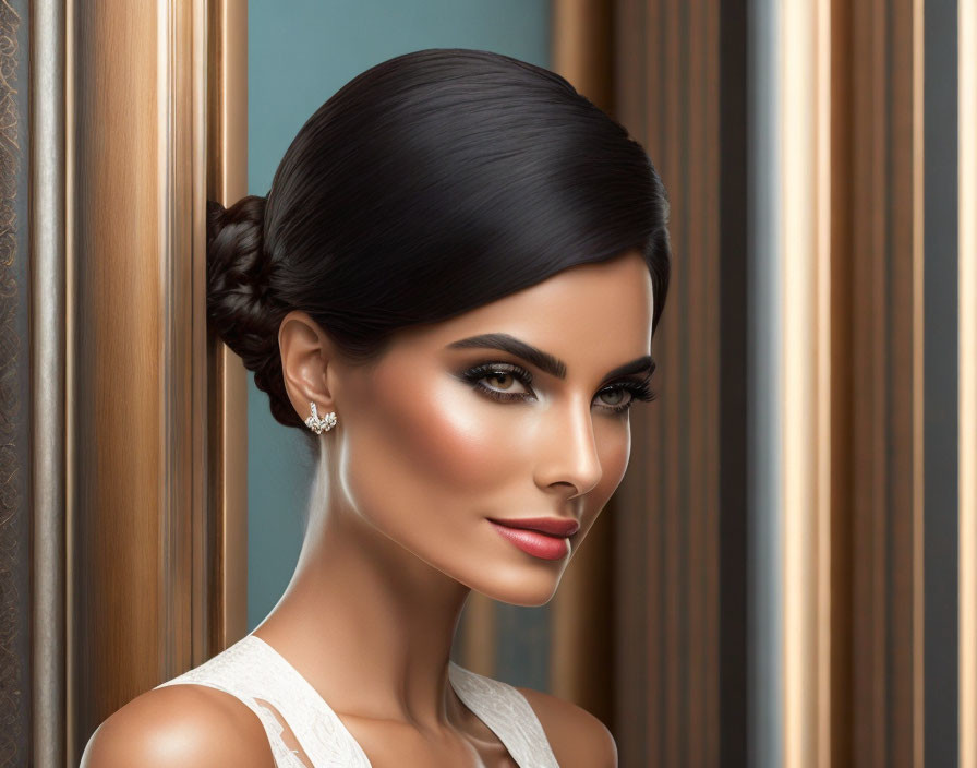 Illustrated portrait of woman with sleek bun, dazzling earrings, striking makeup, white outfit, striped background