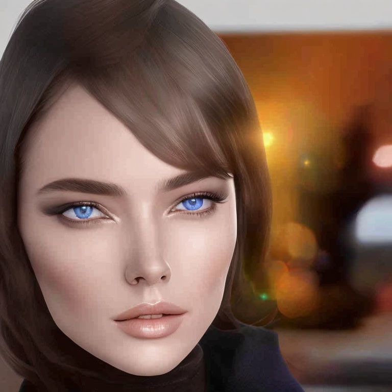 Woman with Blue Eyes and Brown Hair in Black Turtleneck Portrait