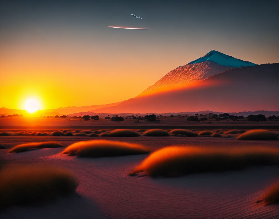 Vibrant orange desert sunset with silhouetted mountain and airplane streak