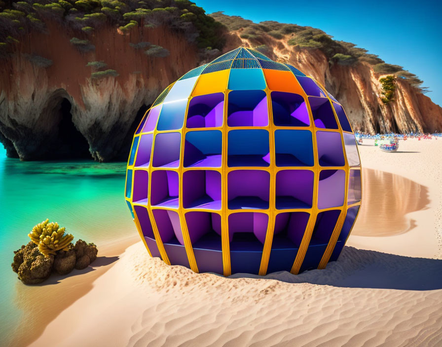 Futuristic spherical structure with orange and purple geometric pattern on sandy beach.