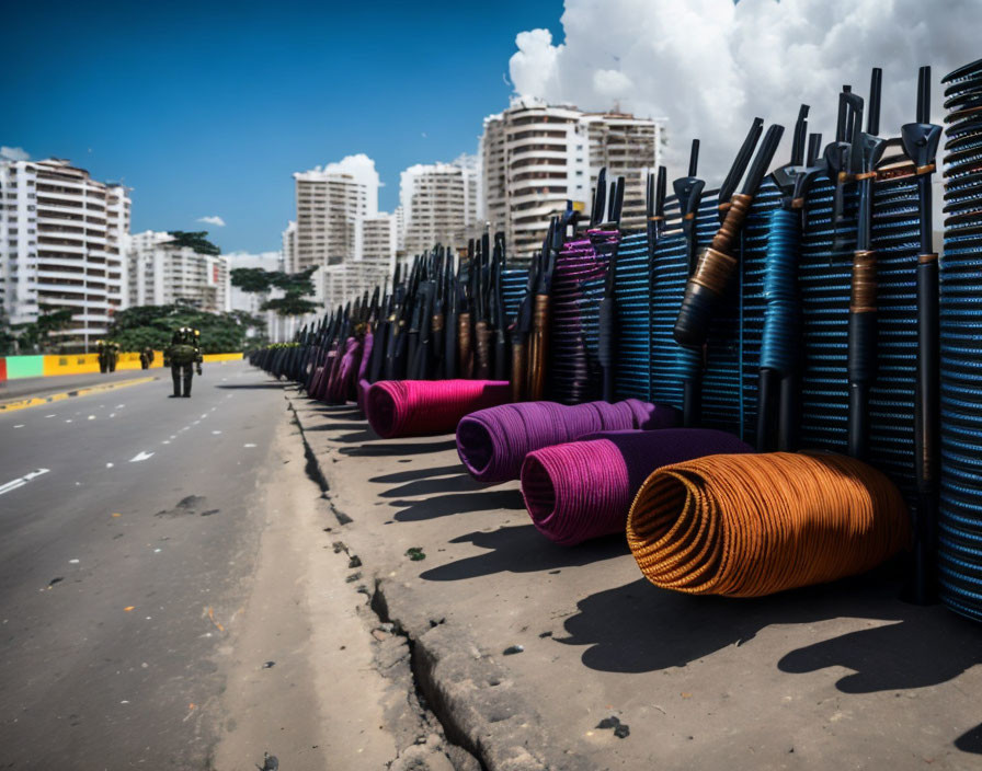 Colorful Flexible Piping Adorns Urban Road Amid High-Rise Buildings