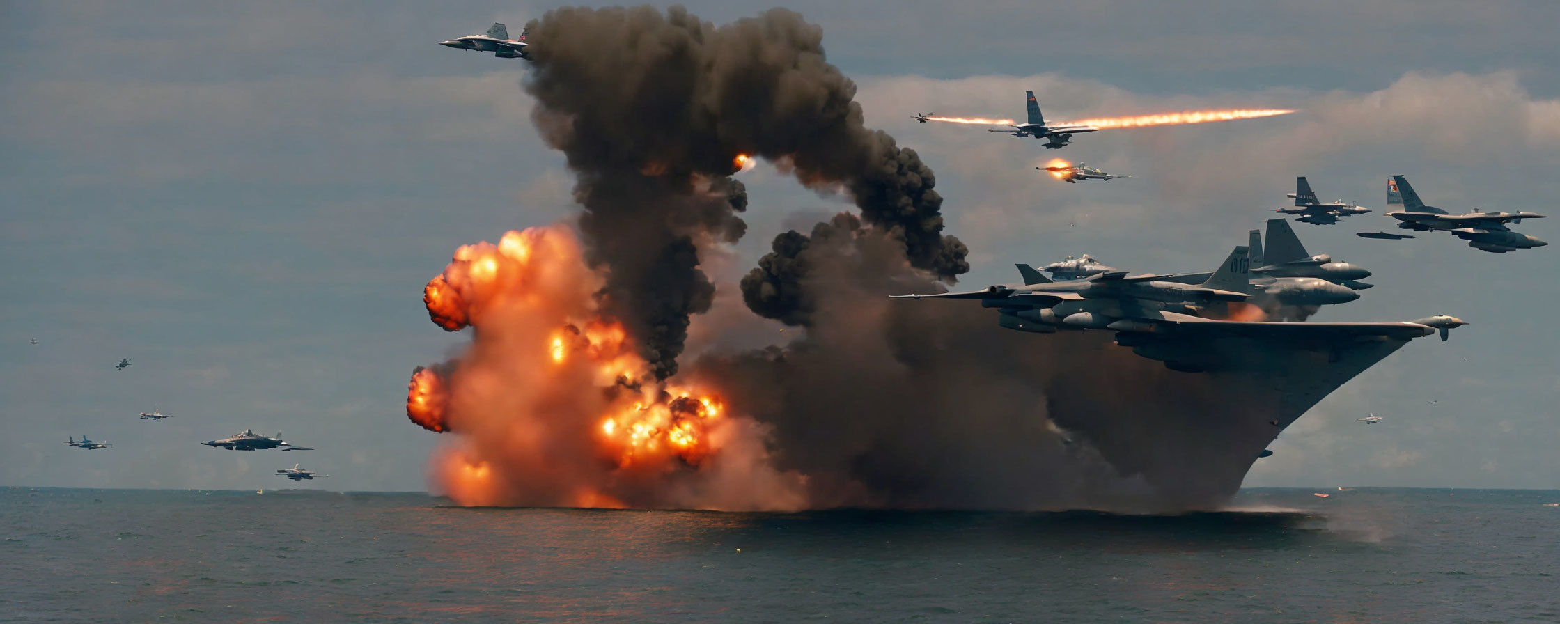 Explosive aircraft carrier scene with jets and helicopters in fiery ocean chaos