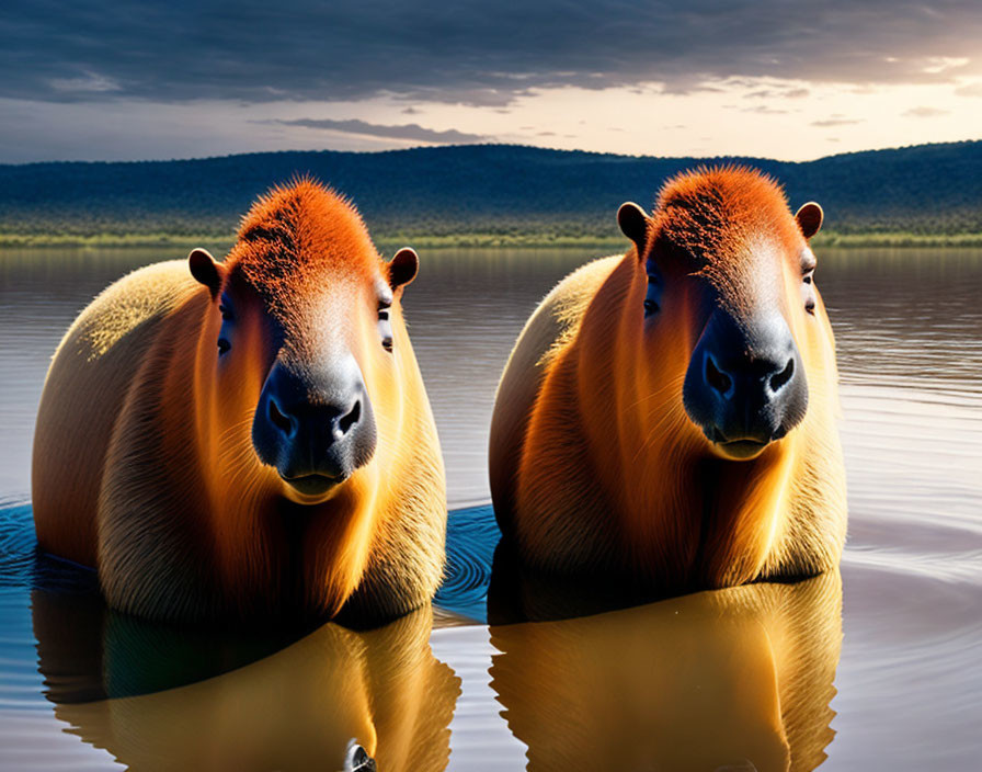 Mirrored Capybaras in Twilight Sky with Hills