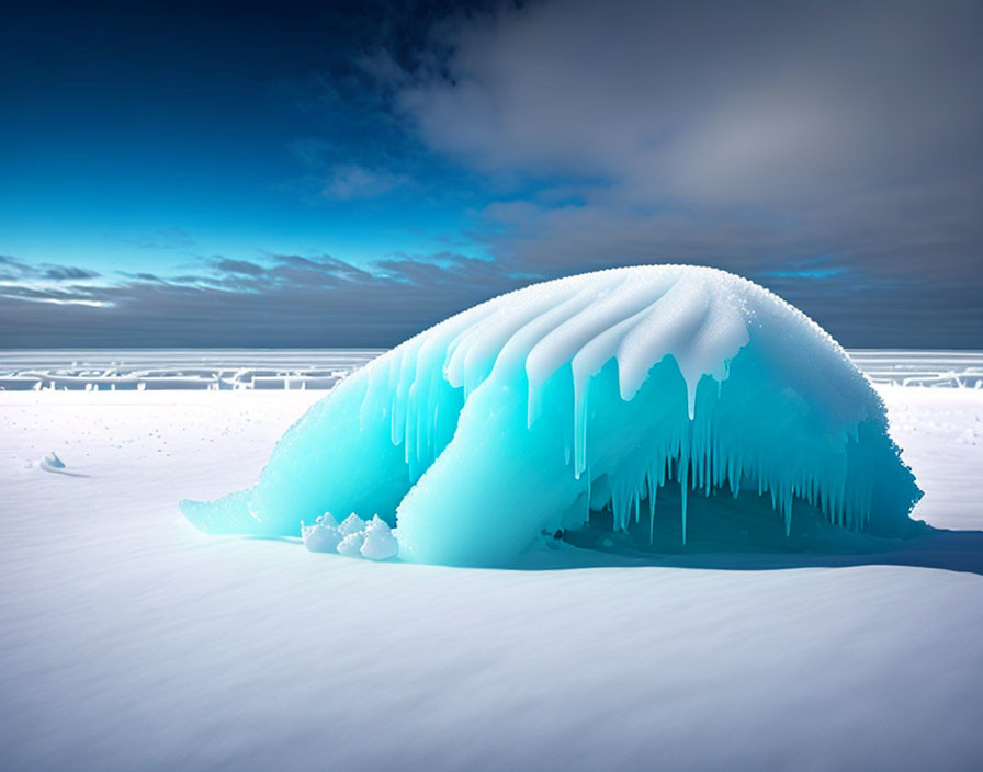 Blue Ice Formation with Overhanging Icicles in Snowy Landscape