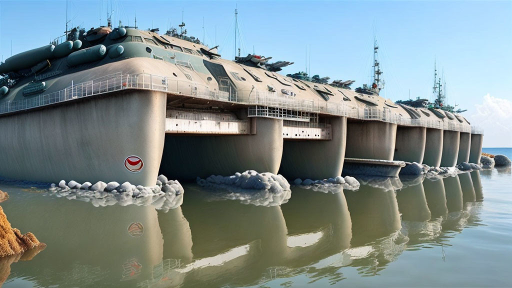 Camouflage military hovercraft docked at pier near calm blue waters