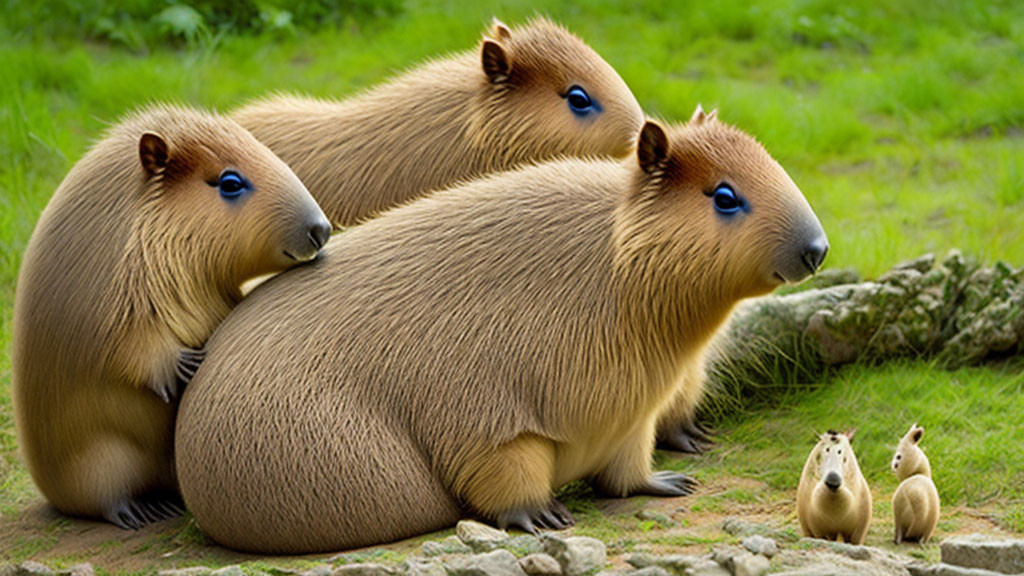 Group of Capybaras and Squirrels on Grass Interacting