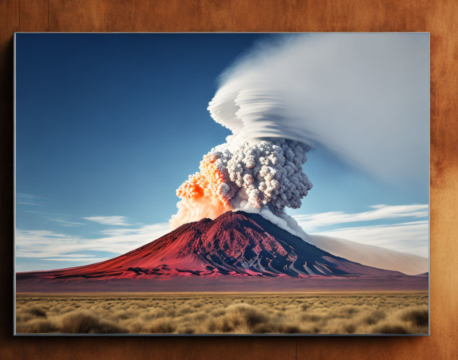 Volcanic eruption with ash plume over red desert mountain