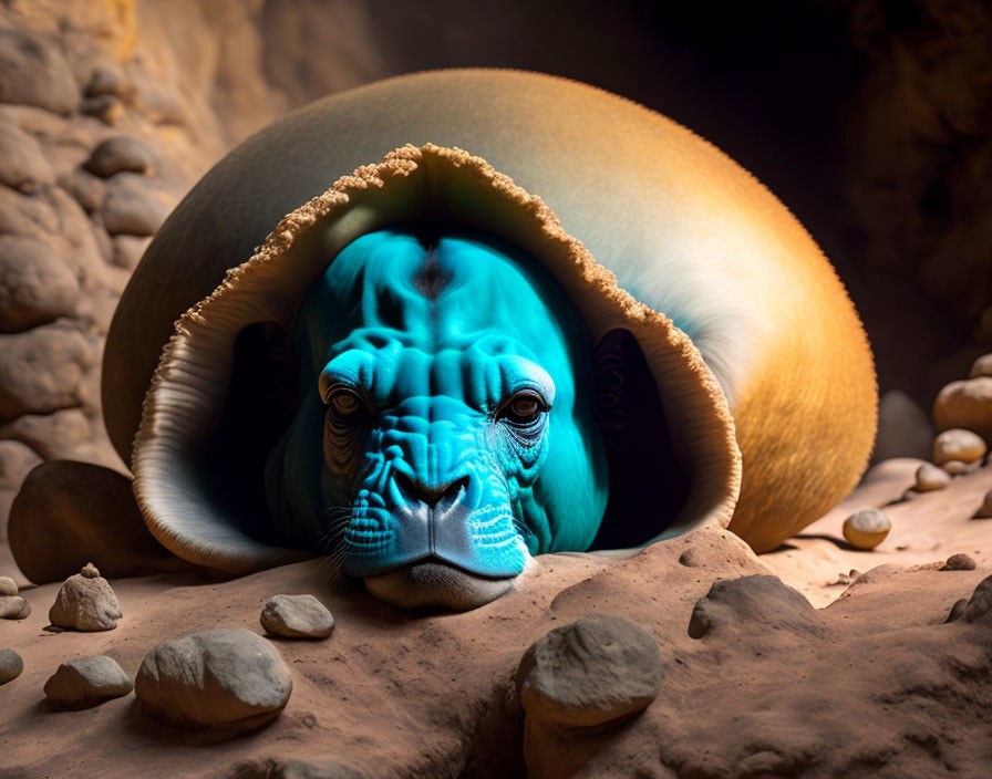 Blue Alien Creature with Intricate Facial Patterns Inside Golden Shell in Rocky Cave