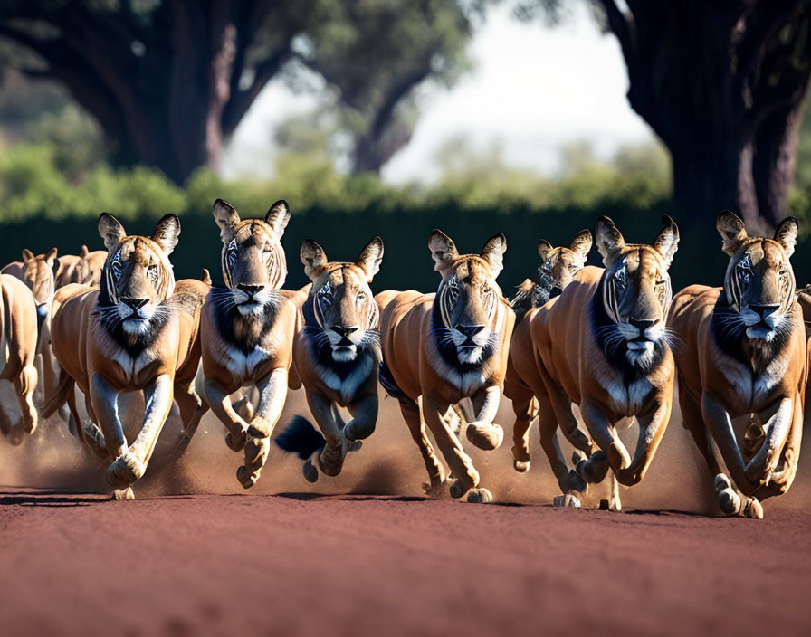 Group of tigers running in forest landscape