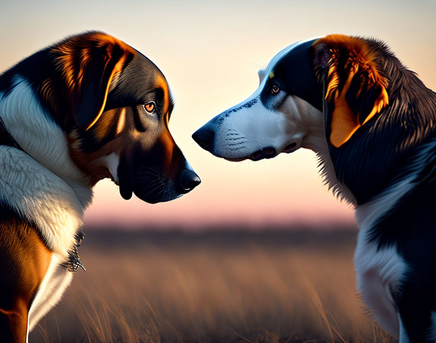 Two dogs in warm sunset light facing each other.