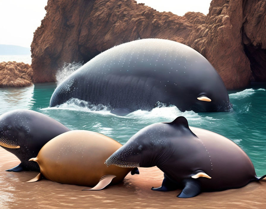 Stylized cartoonish whales on beach with ocean & cliffs.