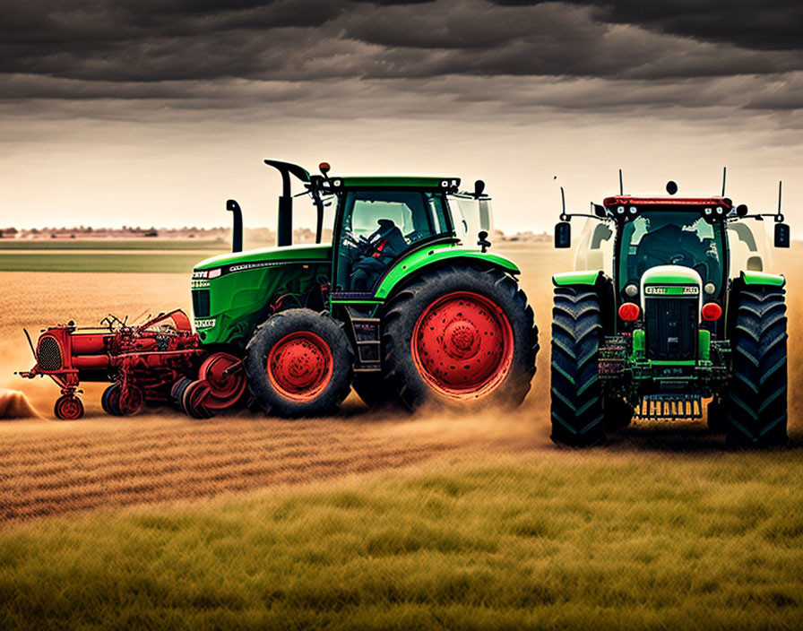 Green and red-wheeled tractors plowing field under cloudy sky