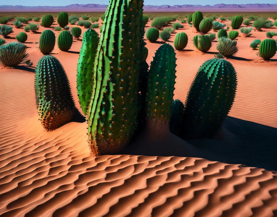 Cacti and sand dunes under a clear desert sky