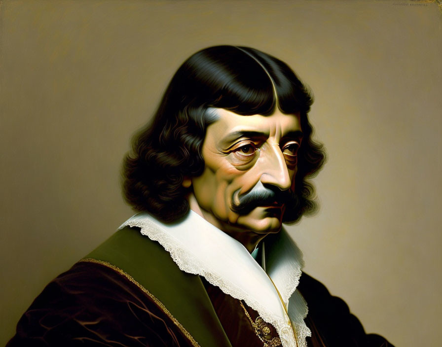 Detailed portrait of a man with shoulder-length hair, mustache, goatee, and 17th