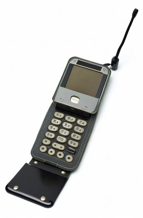 Vintage Flip Mobile Phone with Extended Antenna on White Background