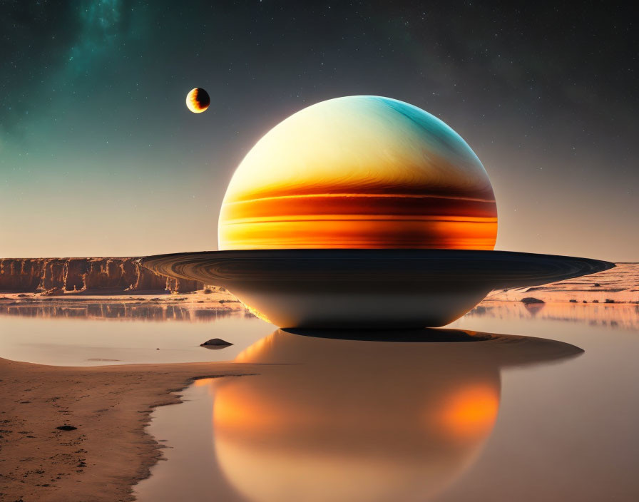 Surreal landscape featuring giant striped planet and moon reflected in tranquil lake