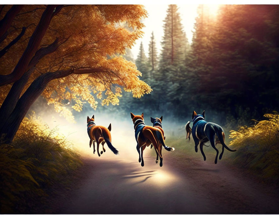 Autumn forest scene with three running dogs