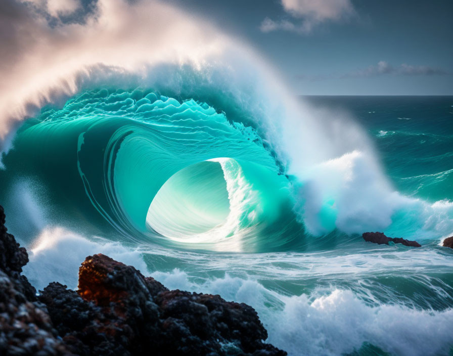 Majestic large blue wave over emerald ocean with rocky outcroppings