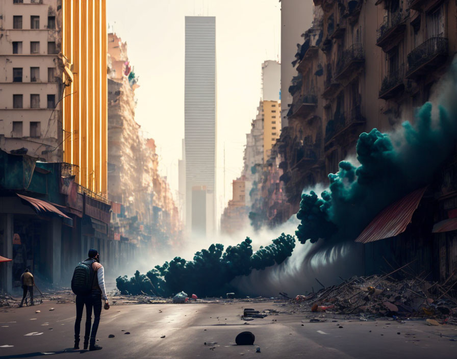 Deserted urban street scene with blue smoke and debris