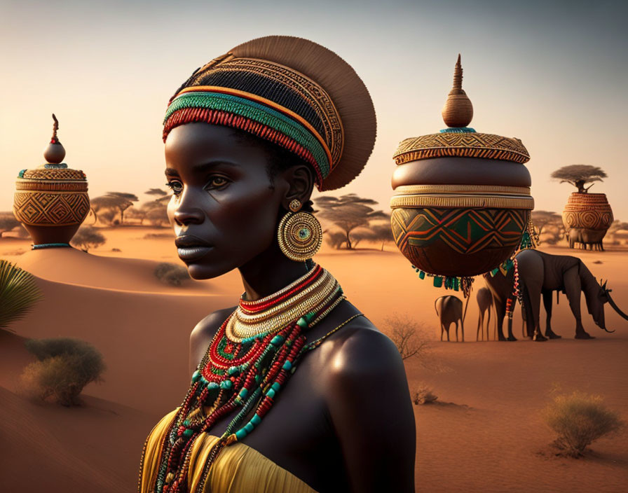 Colorful Beaded Woman with Elephants and Pottery in Desert Sunset