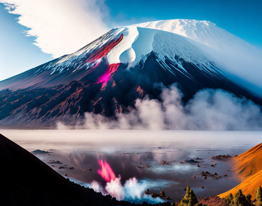 Snow-capped volcano reflected in tranquil lake with mist, pink lava flow at sunrise