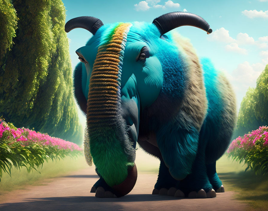 Colorful Woolly Mammoth-Like Creature with Blue Fur and Tusks Strolling in Garden