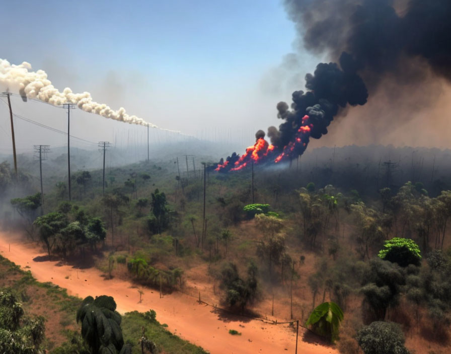 Large Fire with Black Smoke Spreading in Forested Area