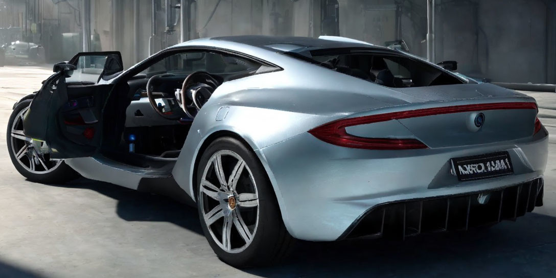 Silver sports car with open gull-wing doors in industrial garage.