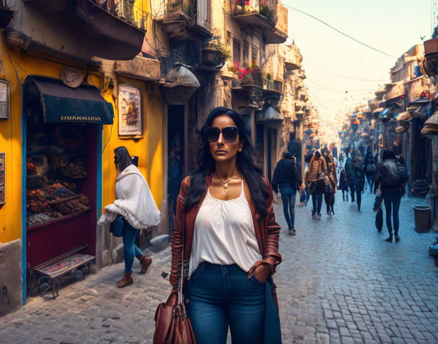 Woman in sunglasses on busy urban street with shops and balconies