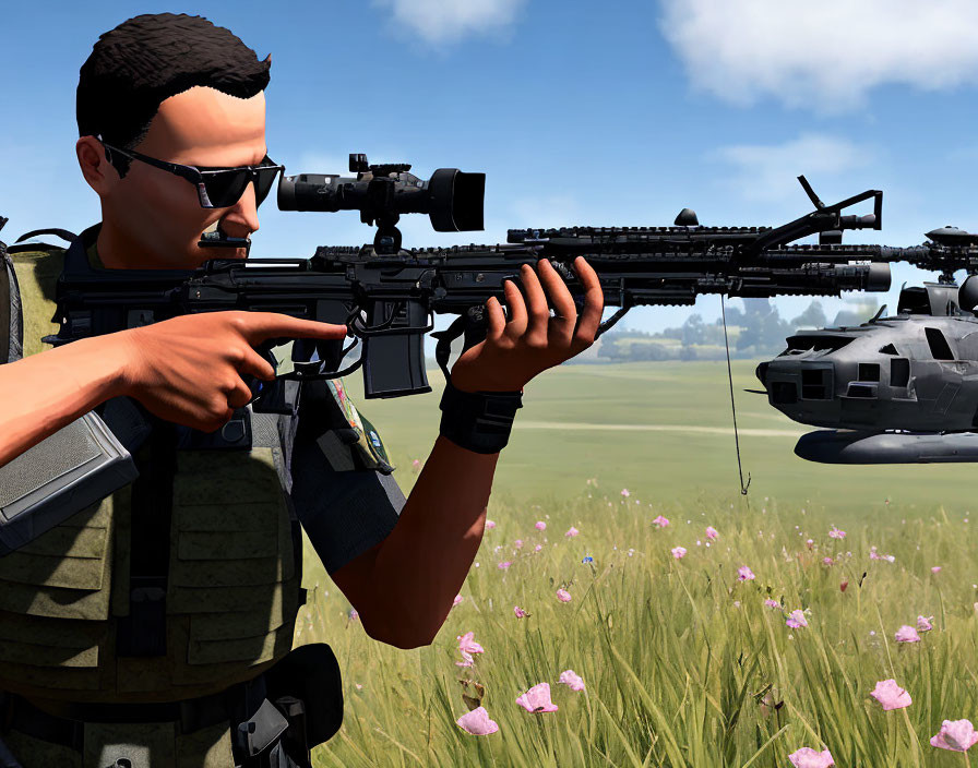 Soldier in tactical gear aiming rifle with scope in grassy field with purple flowers and helicopter.