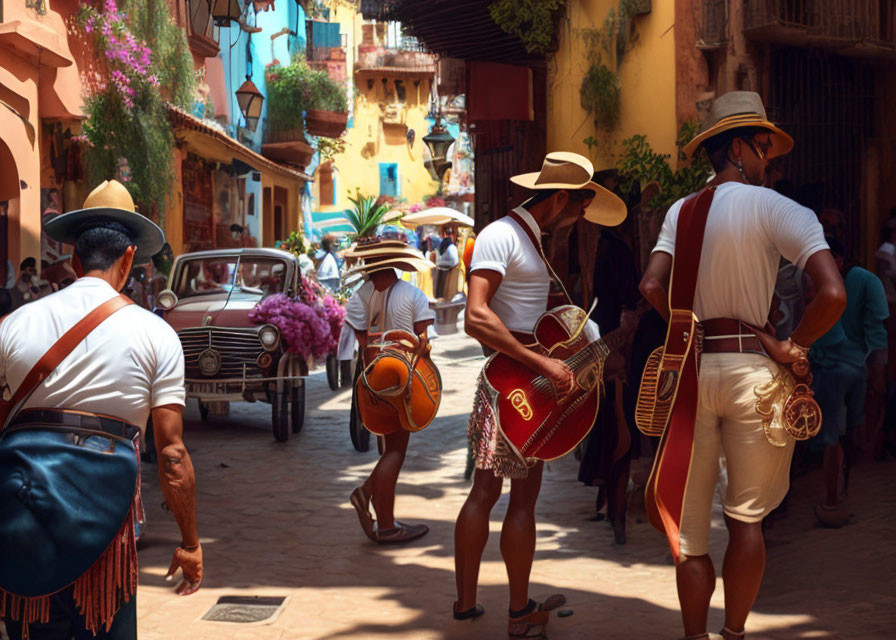 Musicians with instruments on sunny cobblestone street with vintage car in vibrant town.