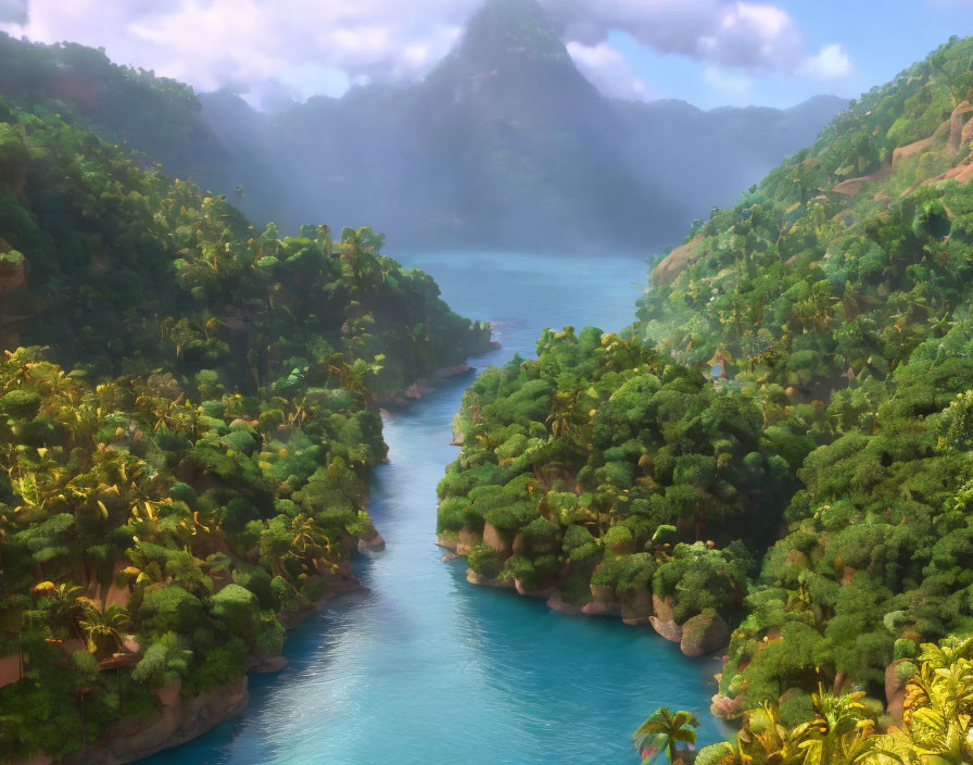 Tranquil river in lush tropical forest with misty mountain