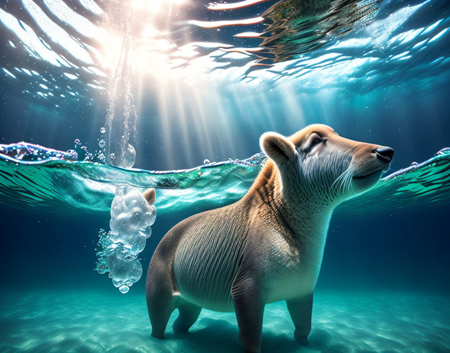 Capybara and iceberg in clear water with sunbeams.