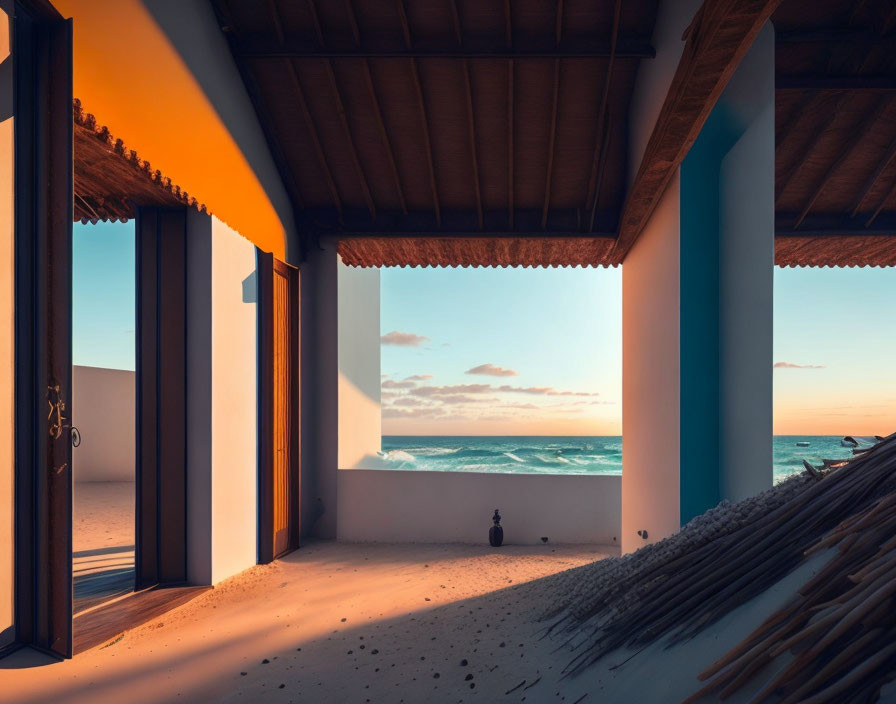 Beach house interior with view of serene beach and waves