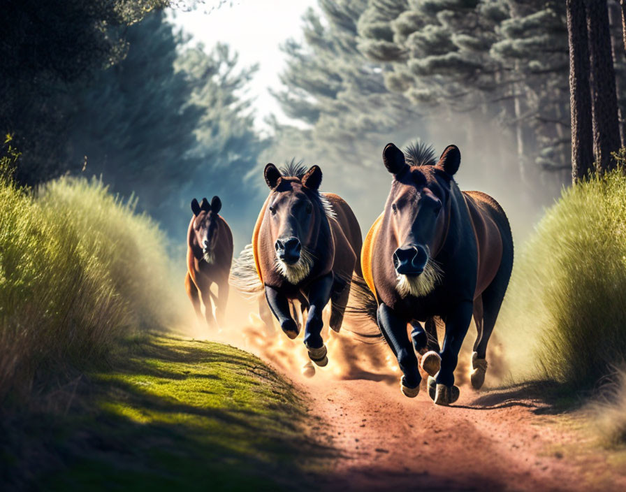 Three galloping horses in lush greenery with sunlit forest background.