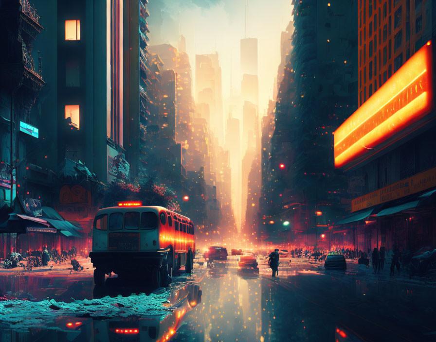 Futuristic neon-lit cityscape with skyscrapers, bus, and pedestrians at dusk