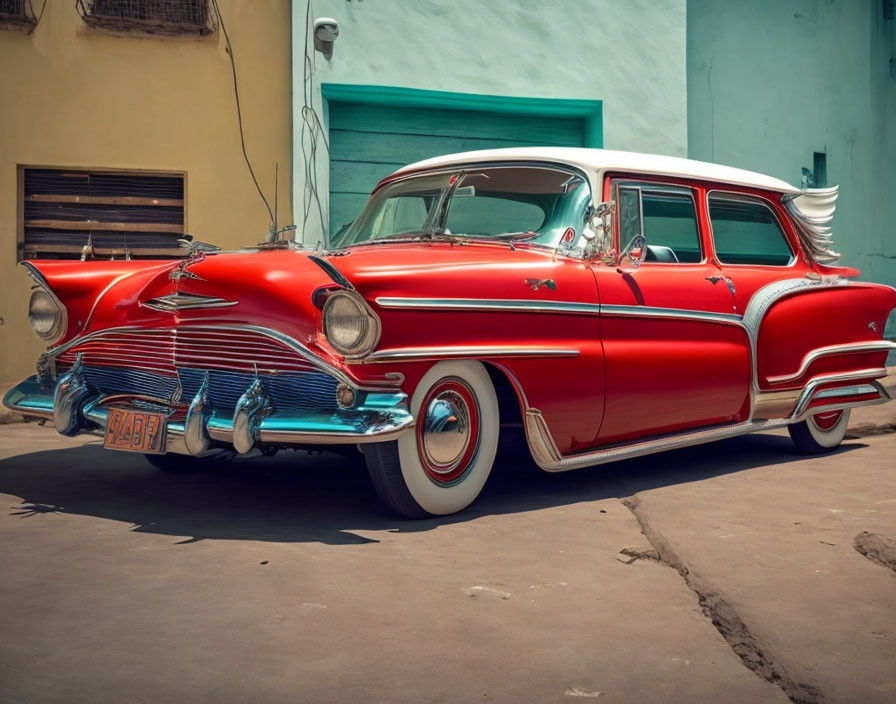 Red Vintage Car with Chrome Details Parked in Front of Pastel Building