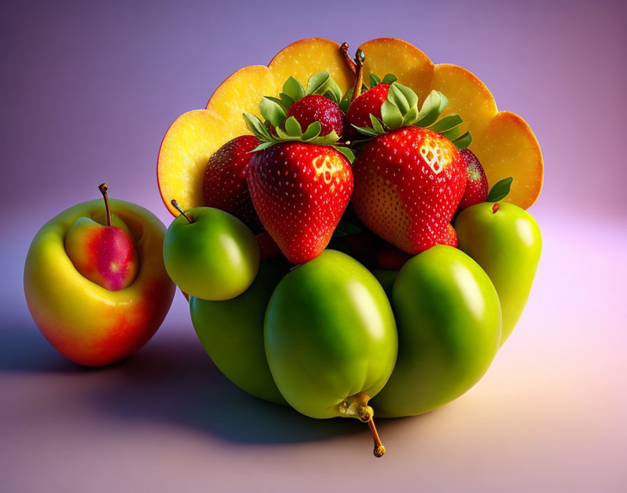 Colorful Fruit Composition Featuring Green Apples, Strawberries, and Orange Slices on Purple Background