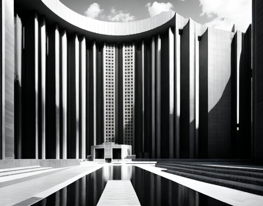 Monochrome image of modern architectural complex with tall columns and reflecting pools