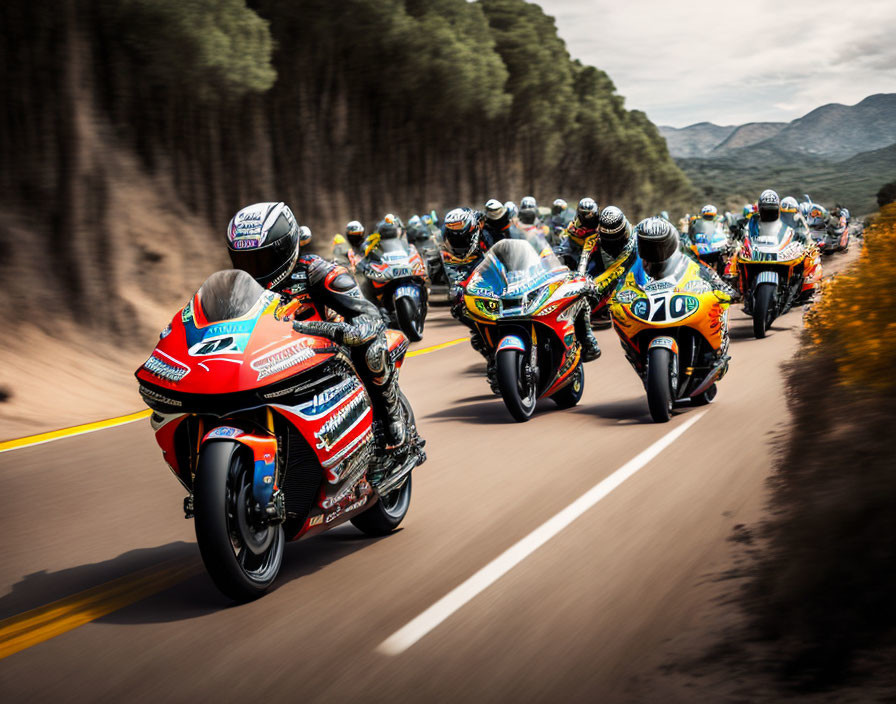 Motorcycle racers speeding in formation on road with blurred background