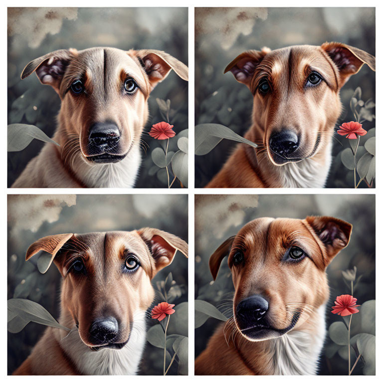 Brown and White Dog in Four-panel Image with Expressive Eyes and Vintage Floral Background