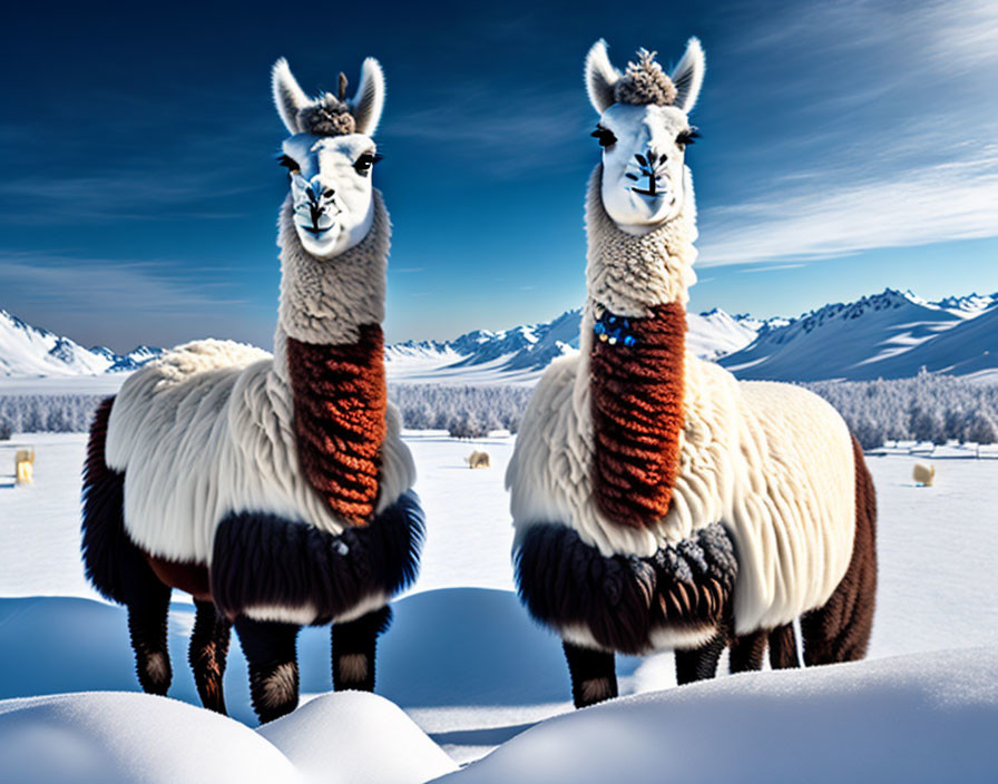 Fluffy llamas in snowy landscape with mountains