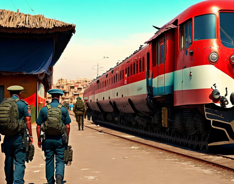 Red and White Train at Station with Uniformed Personnel walking on Platform