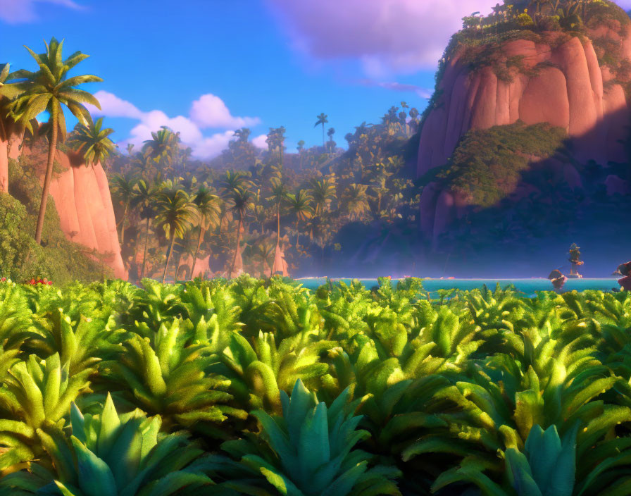 Tranquil tropical paradise with lush green foliage, palm trees, pink cliff, and blue sea.