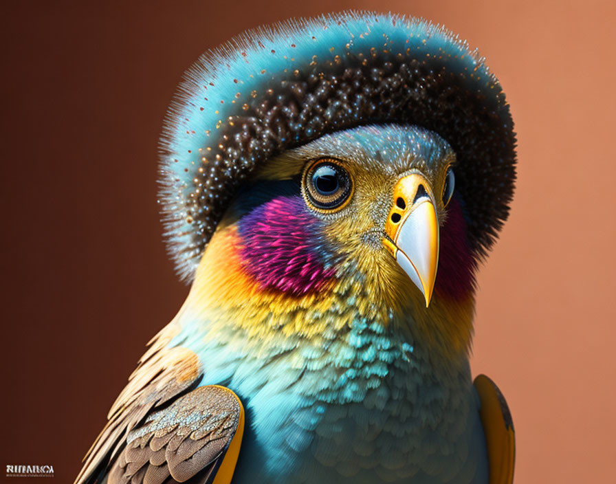Close-up photo of bird with blue feathers, purple eye patch, and yellow beak.
