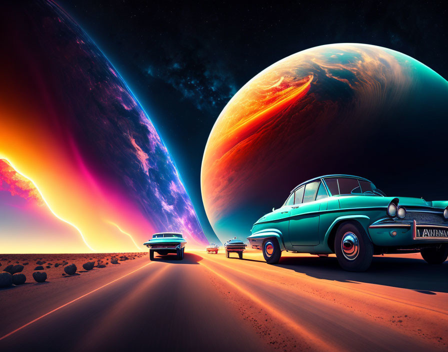 Vintage car and futuristic vehicles on desert road with alien planet backdrop.