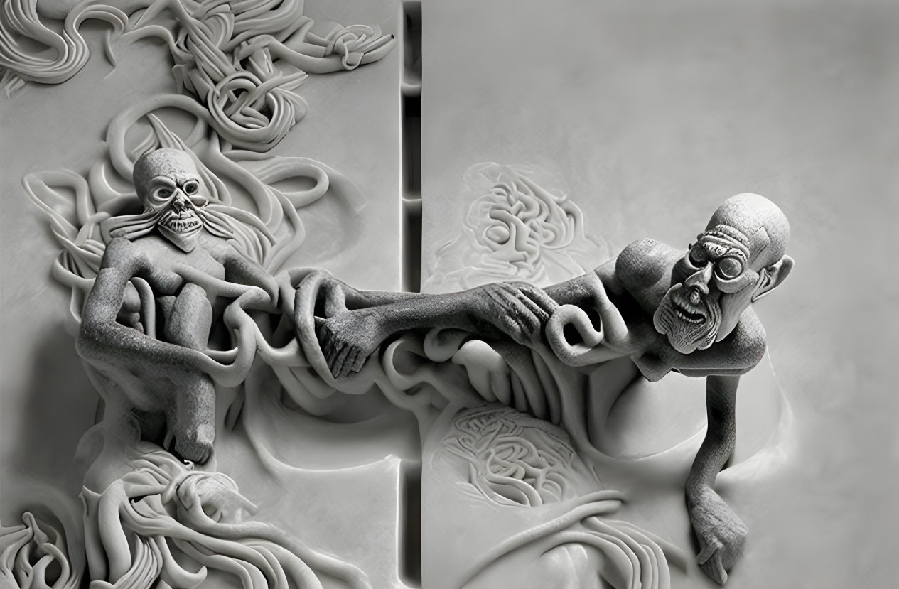 Grayscale sculptural relief of elderly figures intertwined with noodle-like forms.